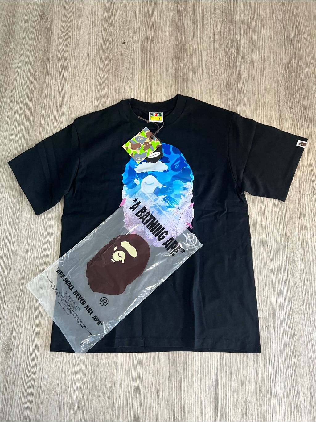 Bape Black T-Shirt With Blue & Pink Camo Ape Graphic